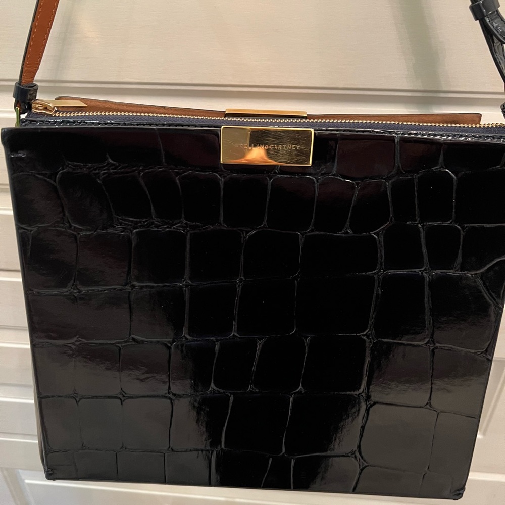Stella McCartney Black Patent Croc-Embossed Shoulder Bag with Brown Strap - Picture 12 of 12